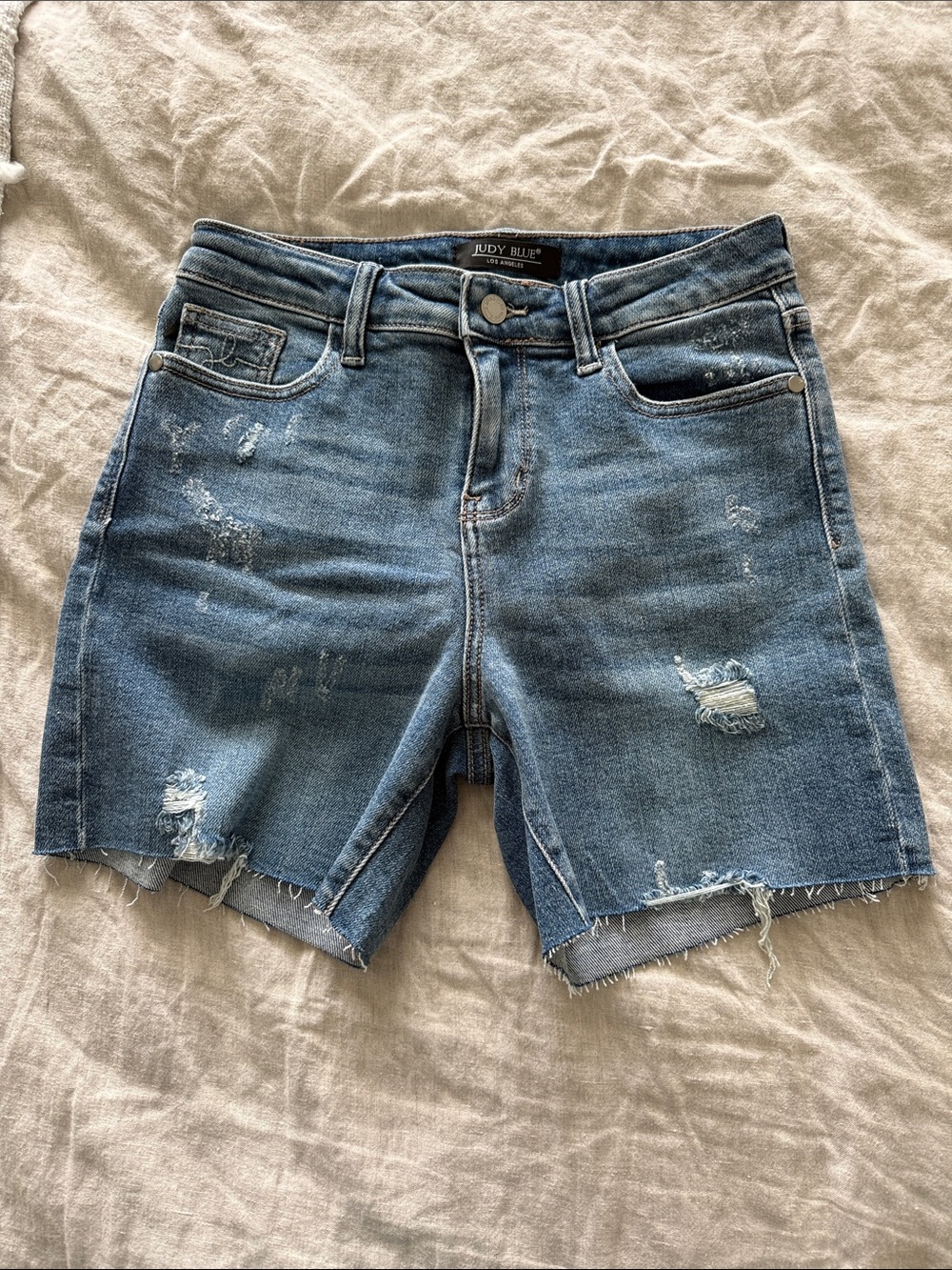 Judy Blue Medium Blue Distressed High-Rise Jean Shorts